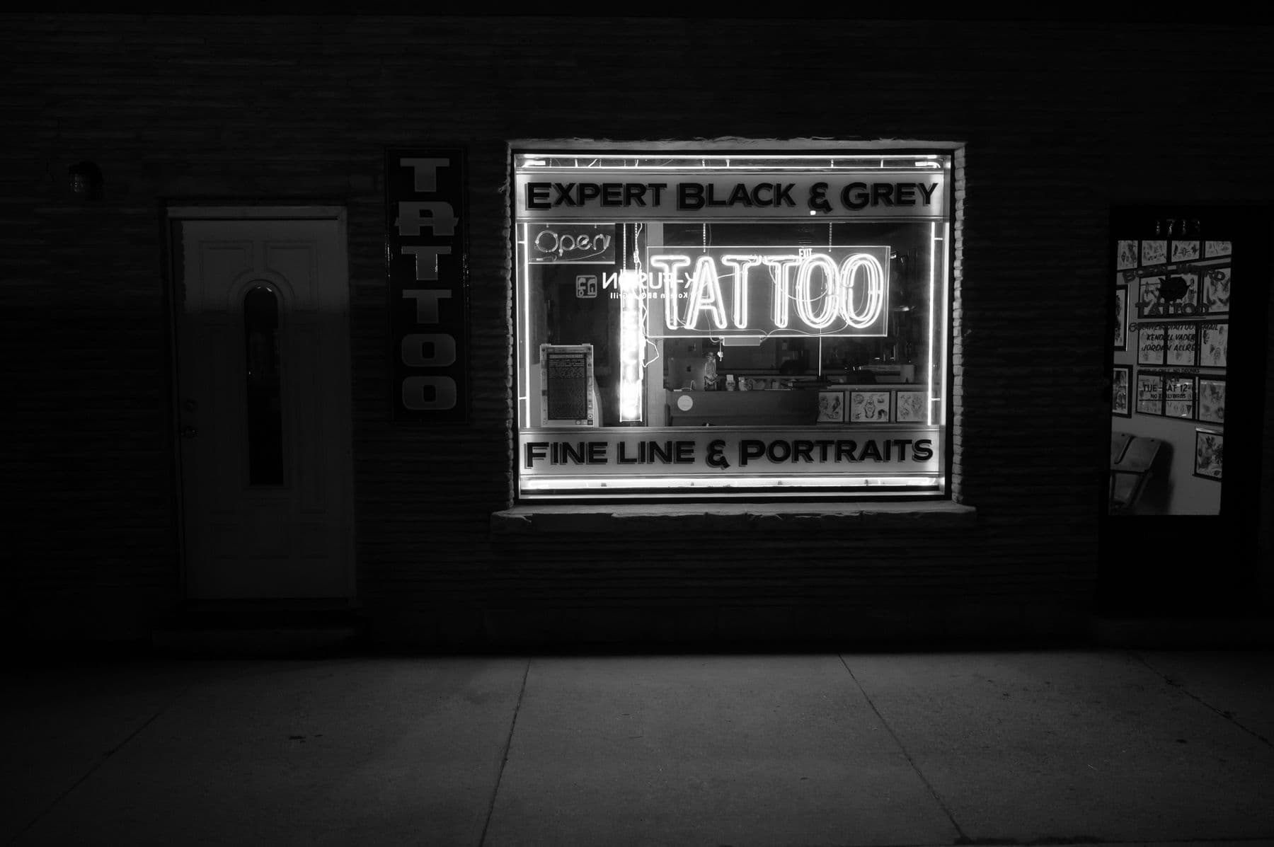 The studio front at night